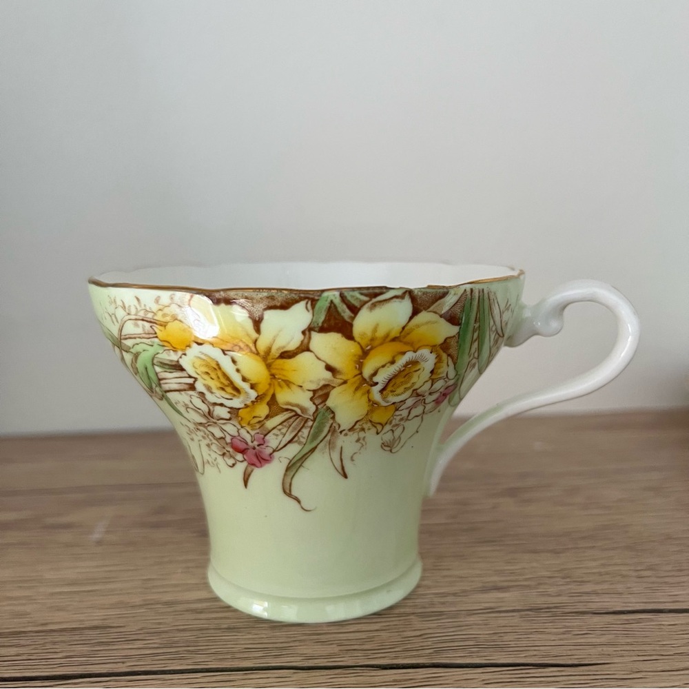Rare Vintage Aynsley bone china teacup and saucer with Green Daffodils pattern - Picture 3 of 7
